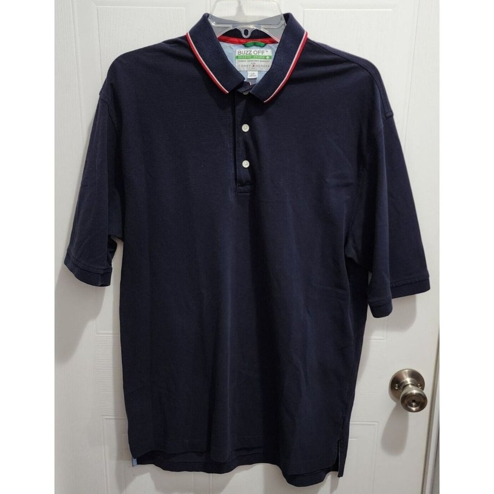 VTG Tommy Hilfiger Navy Blue Buzz Off Inspect Repellent Casual Polo Shirt Size L